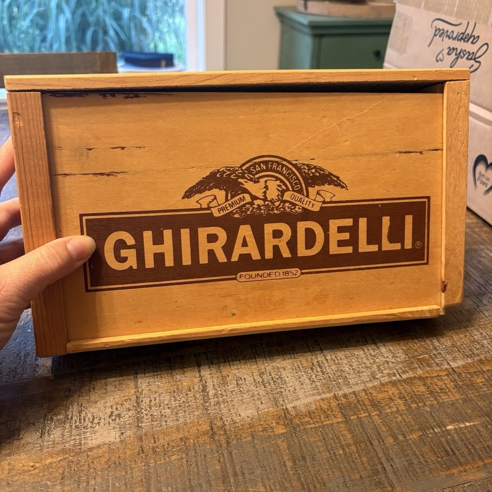 Vintage Ghirardelli Chocolate Wooden Box Slide Opening Pine Candy Logo